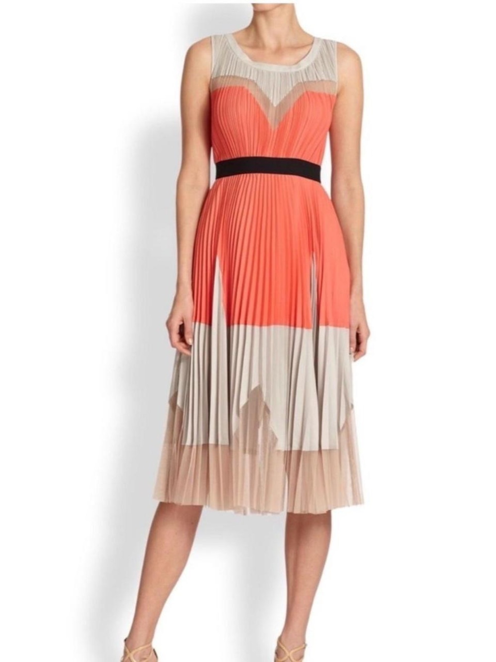 BCBGMaxAzria Coral, Beige & Black Pleated Midi Dress